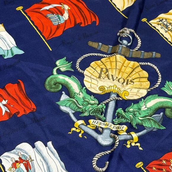 HERMES Hermes Carre 90 Scarf Muffler PAVOIS Ship Flag Pattern 100% Silk blue - Picture 10 of 16